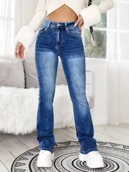 Wiosna Lato Niebieskie Rozkloszowane Dżinsy Kobiety Casual Vintage Skinny Bell Bottom Mom Jeans Korean Slim Denim Y2k Długie Spodnie