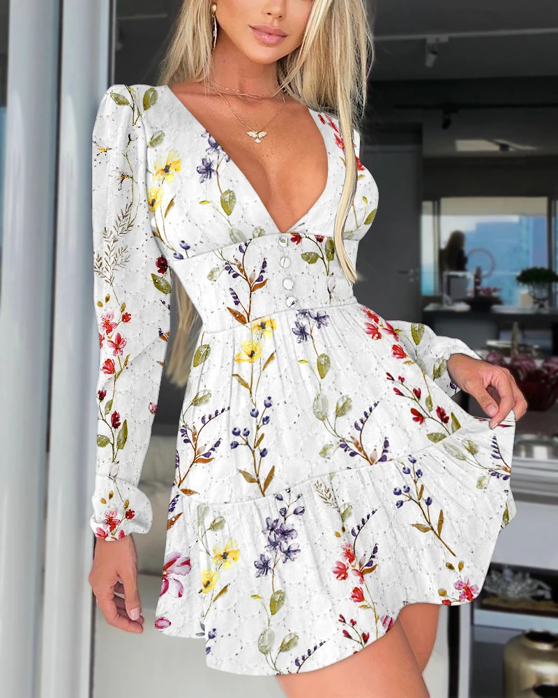 

Women's Dress Fashion Floral Print Deep V Neck Long Sleeve Slim Fit Midi Dress Plus Size Elegant A Line Mini Dresses Party