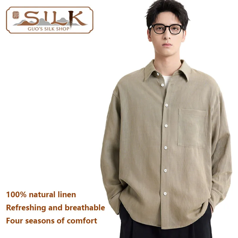 

High-end Natural Pure Linen Men's Shirt - Elegant Men's Clothing - Loose Large Size - Comfortable, Cool, Breathable Top