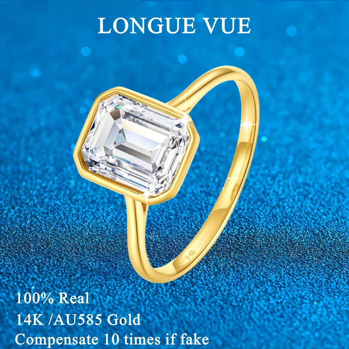 

Full 14K Gold 3CT Emerald Cut Moissanite Ring Bezel Set Lab Diamond Wedding Band Engagement Finger Jewelry