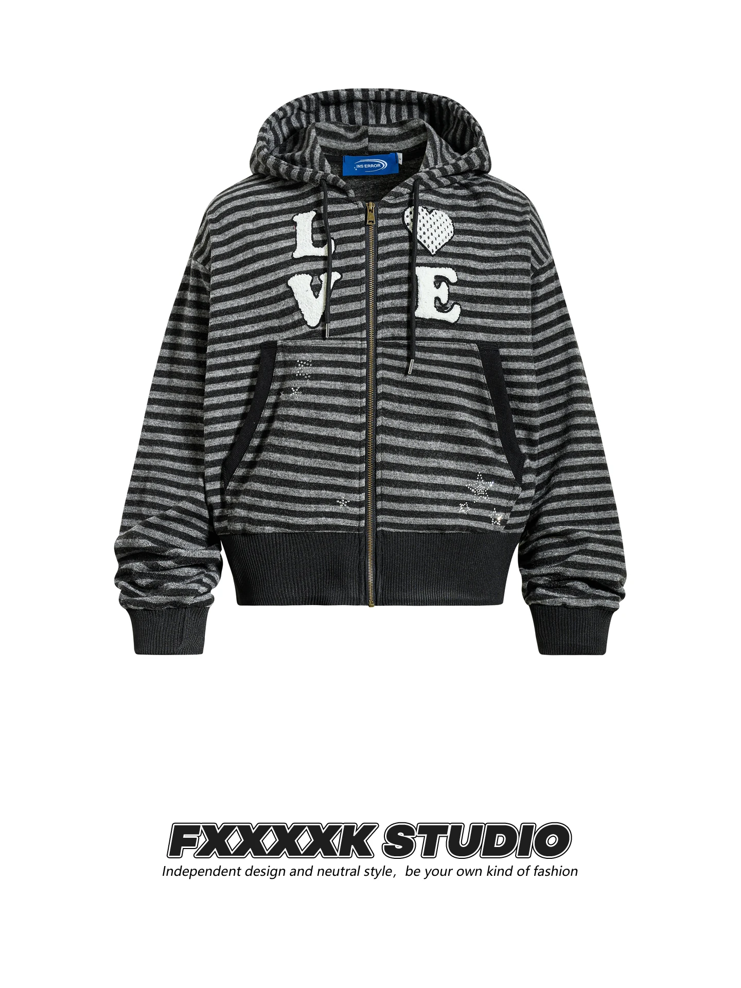 

FXK Original Retro American Brand Embroidered Letter Rhinestone Design Striped Hoodie Jaet Couple's Clothing Cotton Zipper