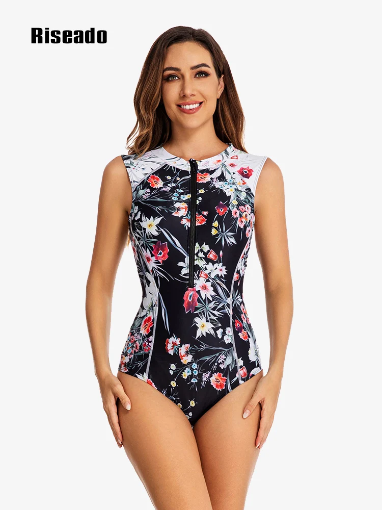 Sleeveless One Piece Swimsuits Sport Rashguard Swimwear Women Surfing Bathing Suits Floral Printed (UPF 50+)