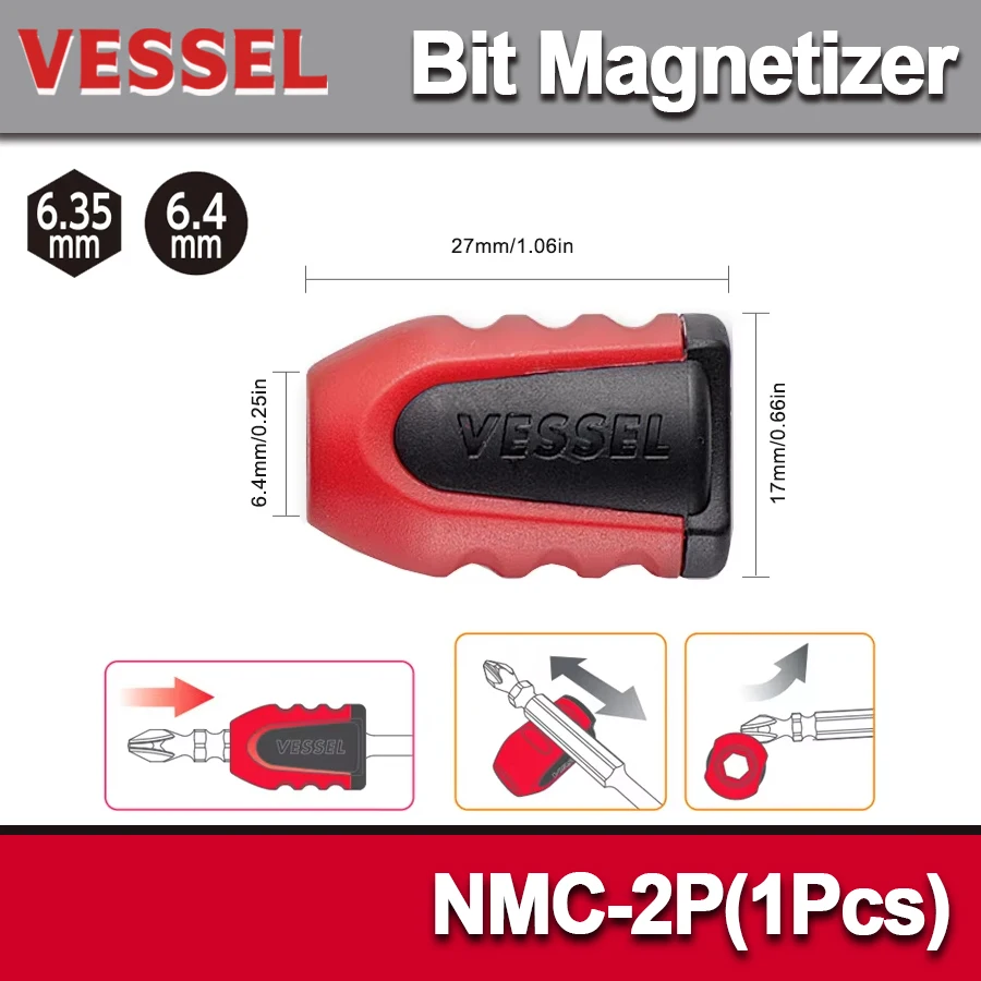 

VESSEL Bit Magnetizer/Demagnetizer Magnetic Screw Holder Ring Applied to 6.4 mm Hex Screwdriver and 6.35mm Power Bits NMC-2P