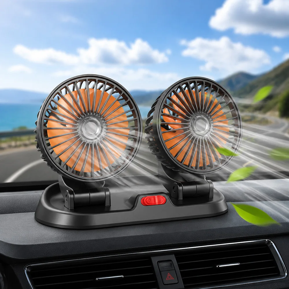 5/12/24V Dual Head Cooling Air Fan USB Car Cooling Fan 360°Adjustable Brushless Motor Low Noise Automobile Vehicle Fan