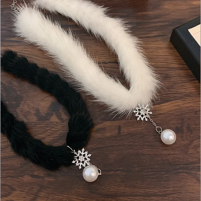 여성을위한 한국어 우아한 깃털 플러시 눈송이 초커 패션 진주 술 목걸이 웨딩 파티 쥬얼리 선물 블랙 화이트