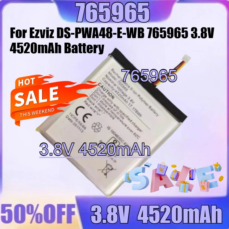 

NEW High Quality 765965 Battery For Ezviz DS-PWA48-E-WB 765965 3.8V 4520mAh Battery Cat Eye Battery