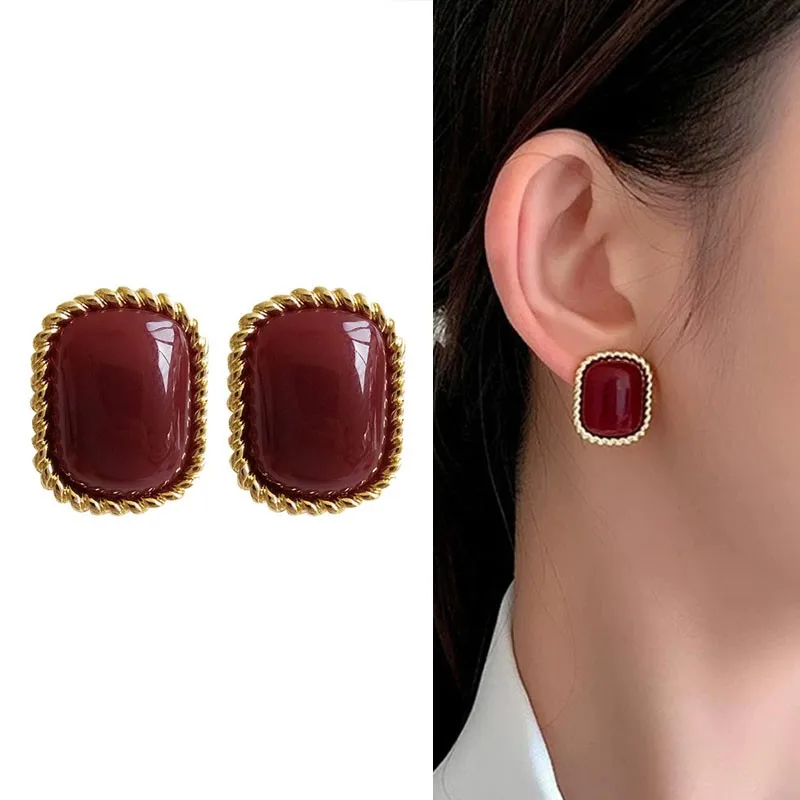 

925 Silver Needle Korean Fashion Wine Red Earrings For Women Jewelry 2026 Trending New Vintage Women's Hong Kong Style Earrings