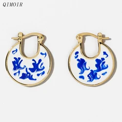 Blue White Enamel Hoop Earrings For Women Ceramic Porcelain Round Beads Fashion Jewelry Trendy New Style Gifts Accessories C1372