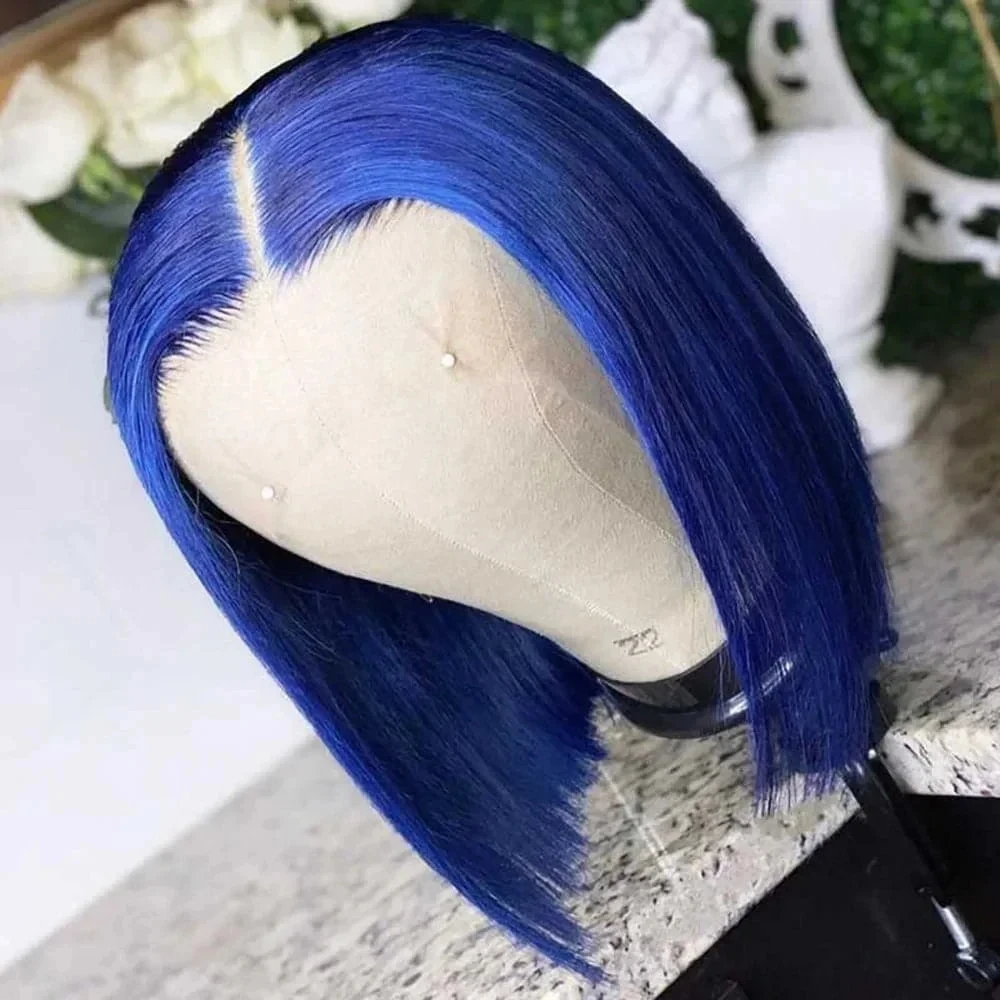 Perruque Bob Lace Front Wig Remy brésilienne naturelle, cheveux courts, couleur bleue, 13x4, densité 180%