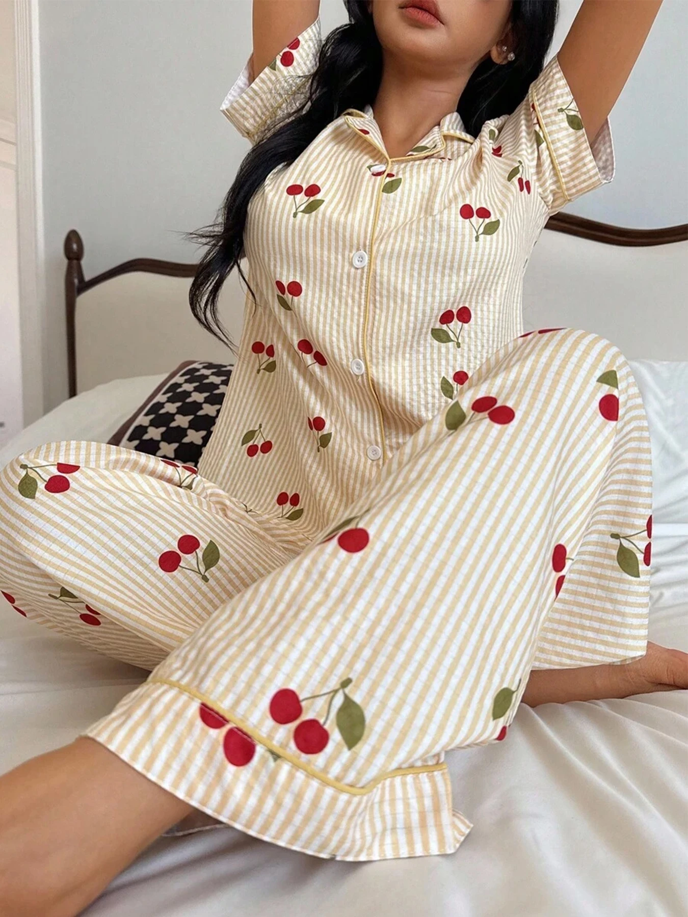 Spring Summer Autumn Winter Women's 2-piece Sweet Striped Cherry Patterned Flowered Shirt Short Sleeve Pants Homewear Sleeping S