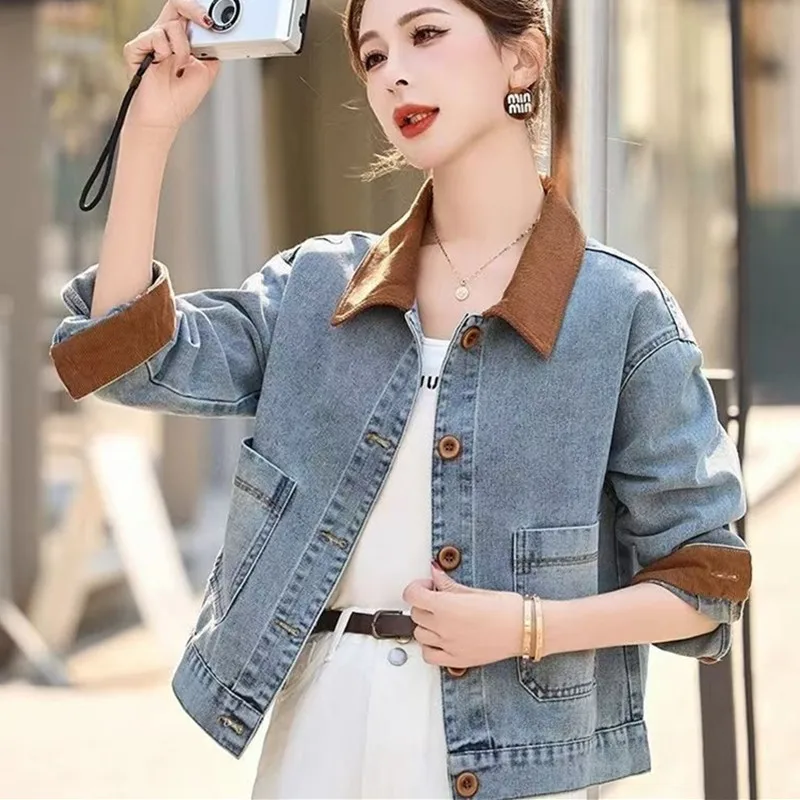 Spring Autumn Retro Contrast Splicing Women's Short Denim Coat Temperament Elegant Be All-match Ladies Cowboy Outwear
