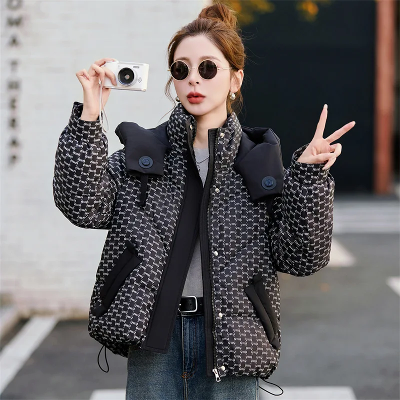 2026 Fashion Down Cotton-padded Jacket Women's Printed Winter Short Parkas Thicken Warm Tops Hooded Coat Student Bread Outerwear