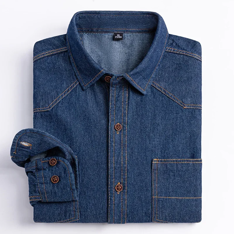 Camisa jeans masculina de manga comprida, camisa casual lisa, bolso único, na moda social coreana, roupa de vaqueiro 100% algodão, nova