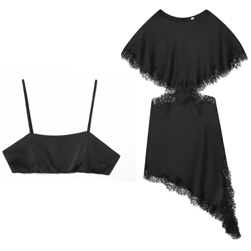 Sukienka z wycięciami z koronki dla kobiet, czarna, brązowa, sukienki midi, asymetryczna, seksowna sukienka wieczorowa damska, sukienka z rękawami typu peleryna, lato 2026