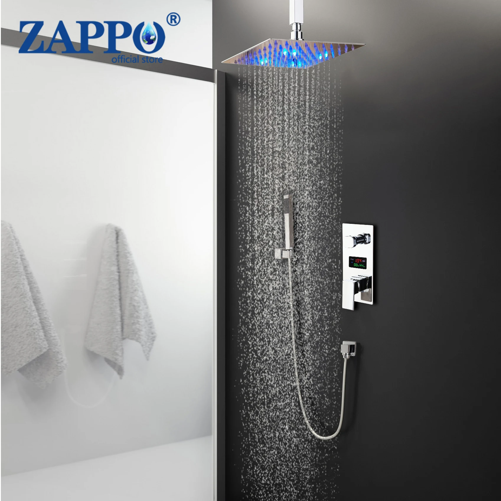 

ZAPPO Bathroom 3 Function LCD Digital Display Shower System with Tub Spout Wall Mounted Bathroom Shower Faucet Sets