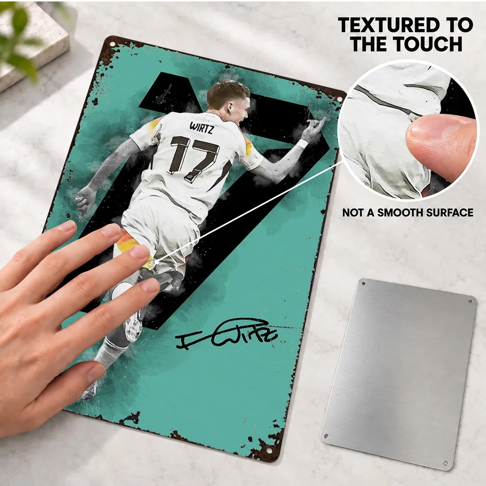 Florian Wirtz Football Kick Textured Metal Poster Personalized Aluminum Sign White Jersey Running Wall Art For Sports Lounge