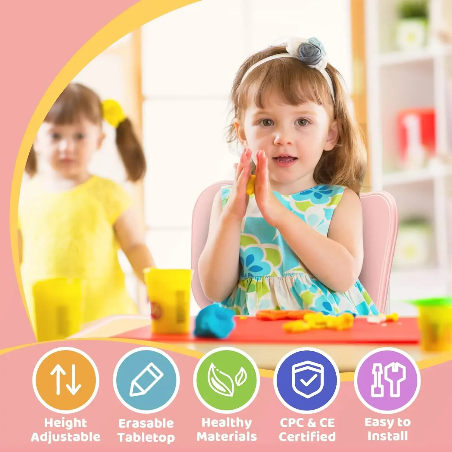 Kids Table and 2 Chairs Set, Height Adjustable Toddler Table and Chair Set for Ages 3-8, Easy to Wipe Arts & Crafts Table