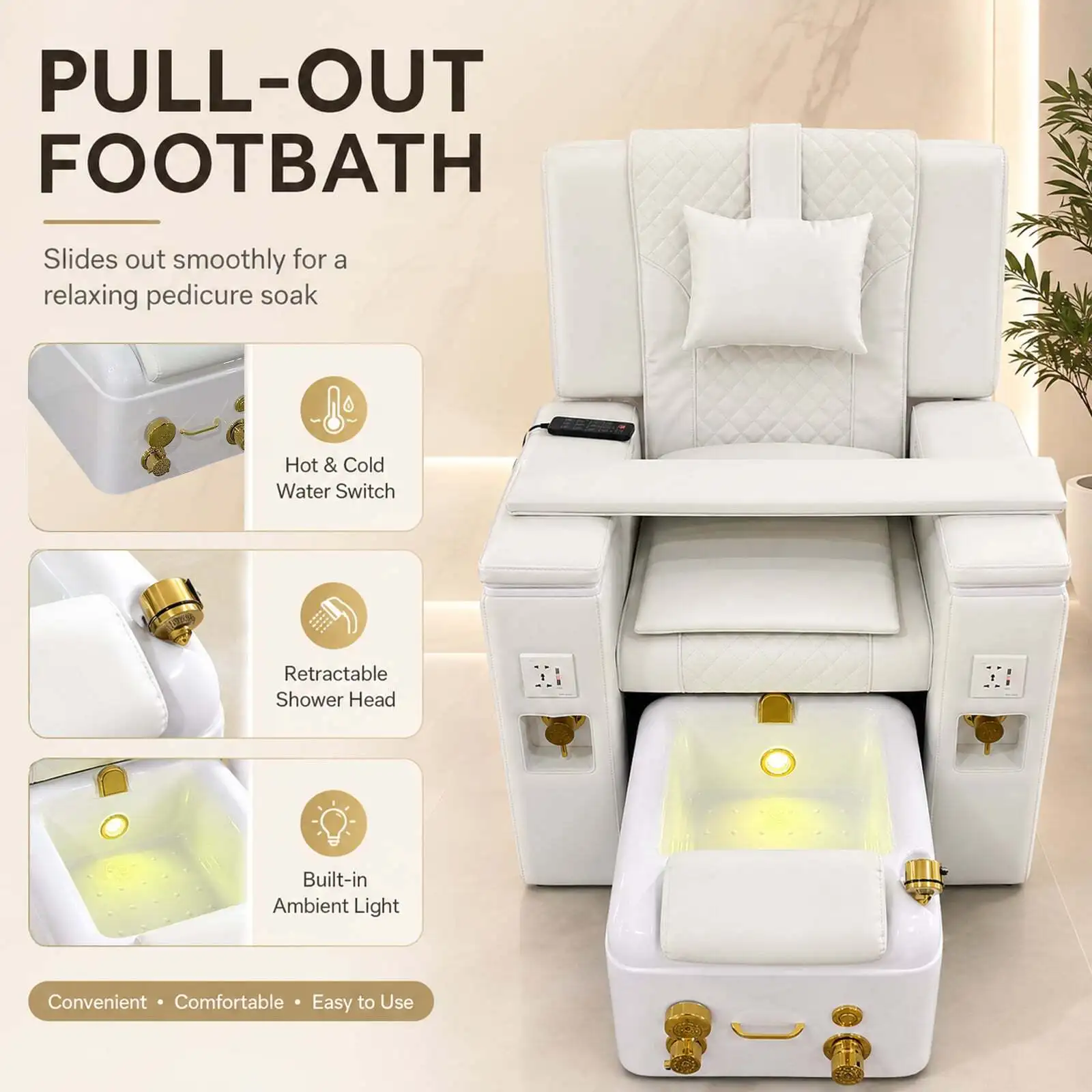 Electric Pedicure Chair with Foot Spa, Luxury White Quilted Leather Manicure Nail Salon Chair with USB Port & Remote Control