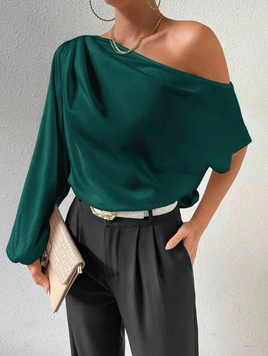 

2026 Summer Slanted Shoulder T-shirt Sexy Off-shoulder Loose Women's European and American Slanted Collar Top