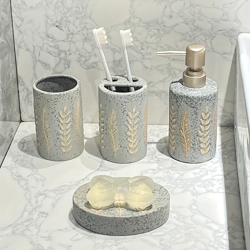 

Ceramic Bathroom Accessories Set - Includes Soap Dish, Mouthwash Cup, Toothbrush Holder, And Lotion Dispenser - Bathroom Supplie