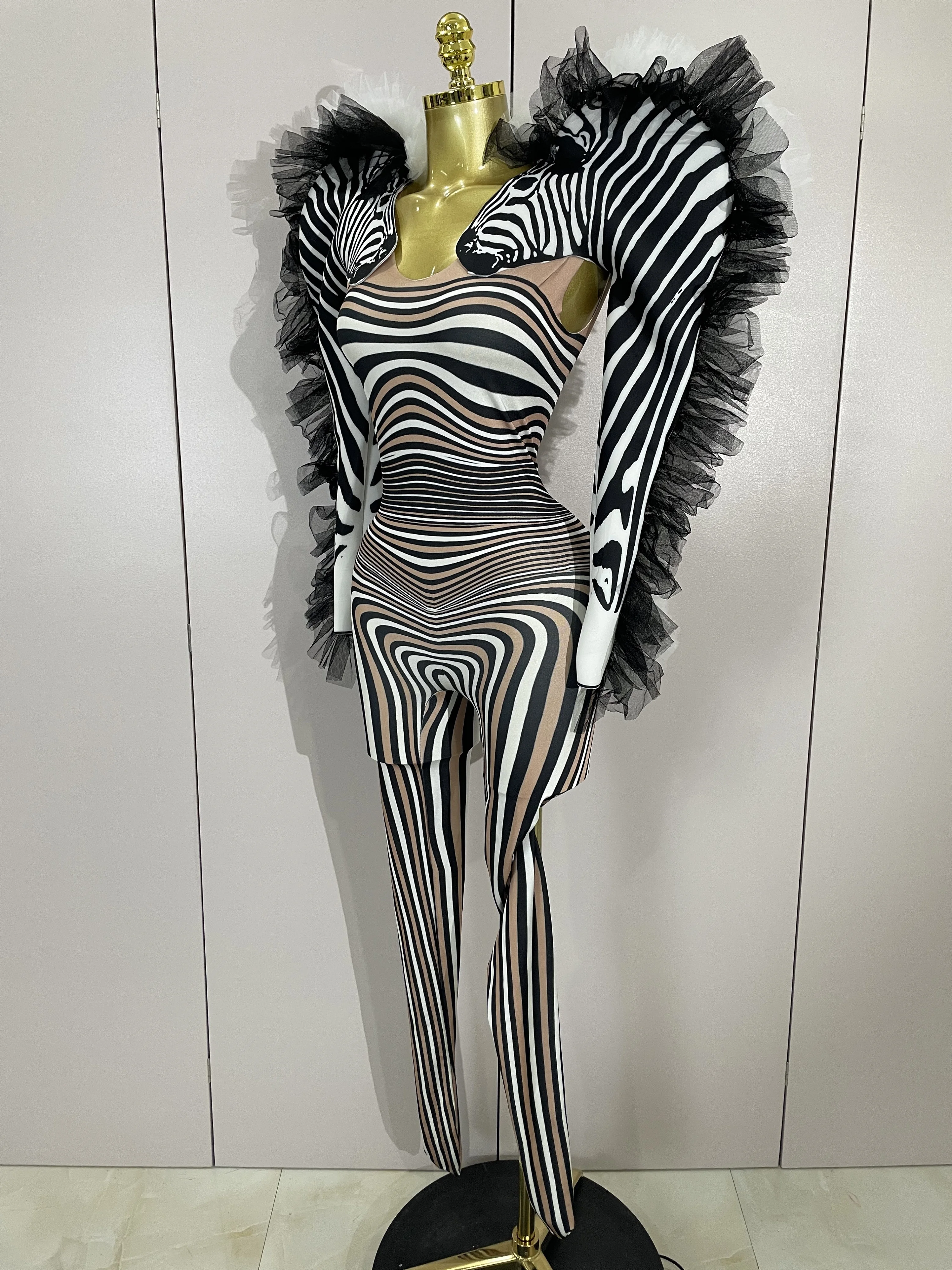 Women Zebra Stripes Long Sleeve Bodycon Jumpsuit Two Piece Set Birthday Party Nightclub Stage Performance Festival Rompers