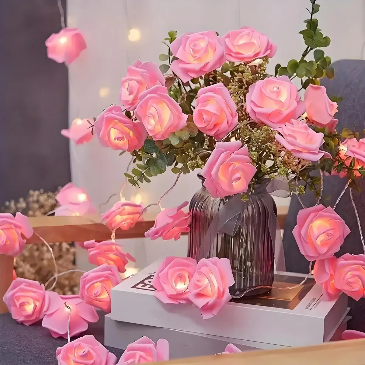 Luci a corda a forma di rosa a LED, alimentatore per batteria, fiori simulati, decorazione atmosferica, adatto per compleanni, matrimoni, festival