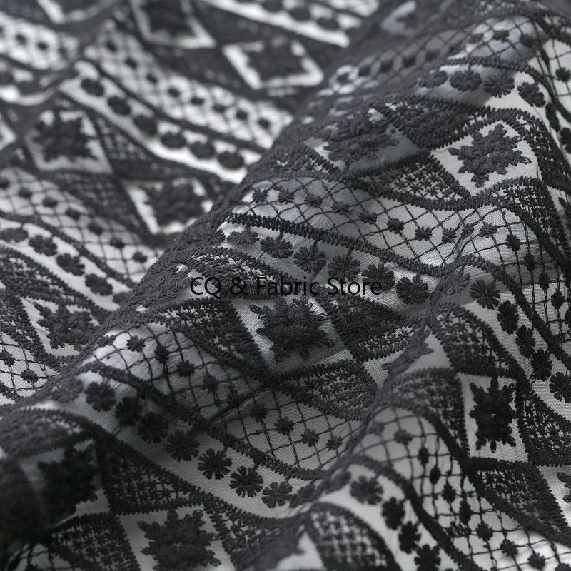 White Black Mesh Embroidered Fabric 130cm Width Fresh Lace Fabric for Wedding Dress Tshirt Sewing Craft Accessory
