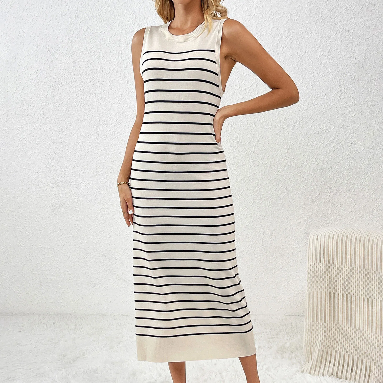 

Summer New Striped Knitting Midi Dress Round Neck Sleeveless Loose All-match Youth Dresses Vintage Fashion Women Clothing Knitte