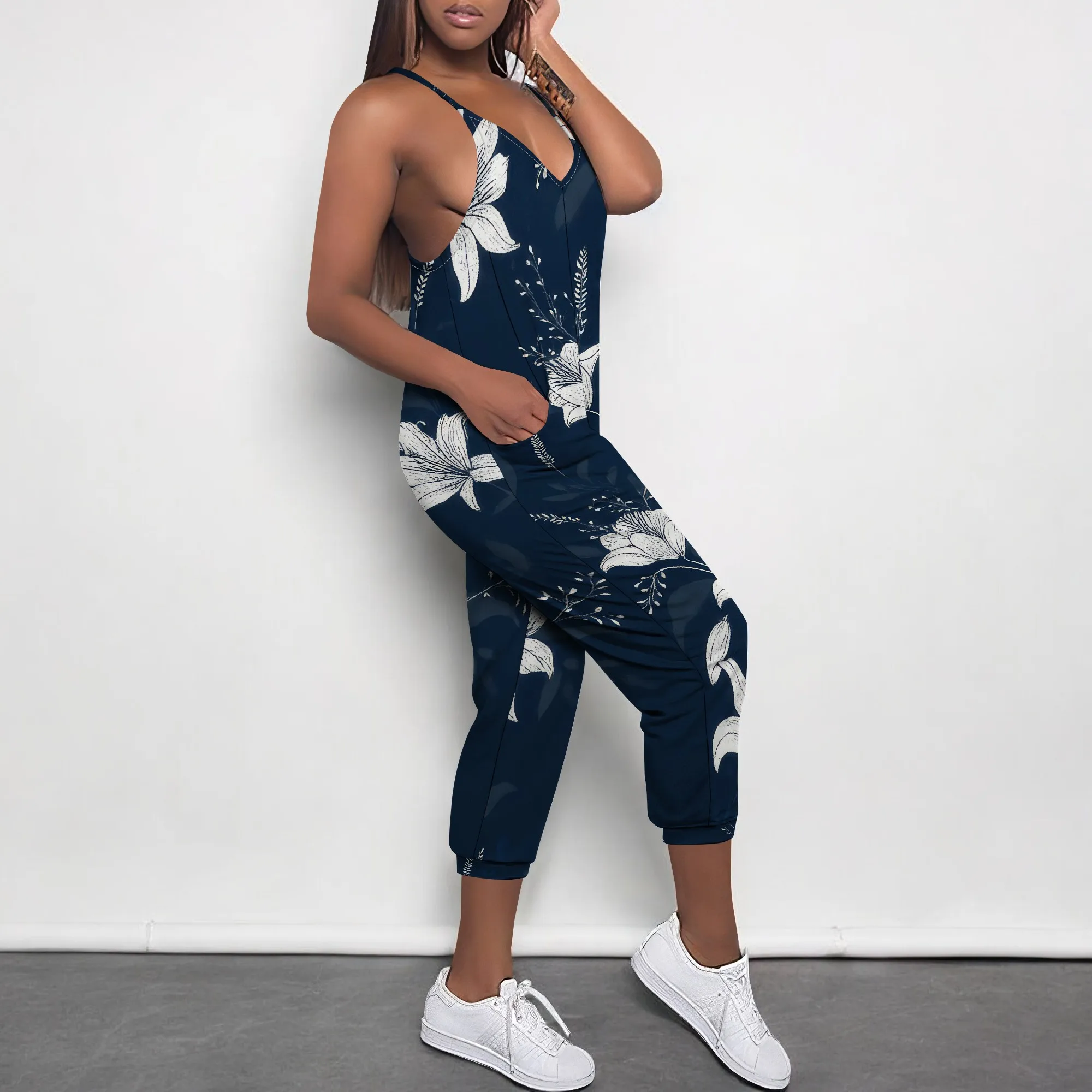 Summer New Multi Colored Printed Loose Elastic Women's Deep V Neck Sleeveless Slim Shoulder Strap Leg Strap Pocket Jumpsuit