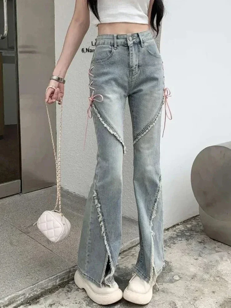 الكورية الشارع الشهير عادية واسعة الساق بنطلون Y2K خمر عالية الخصر مضيئة الجينز المرأة موضة ضمادة شق سليم الدينيم السراويل الصيف