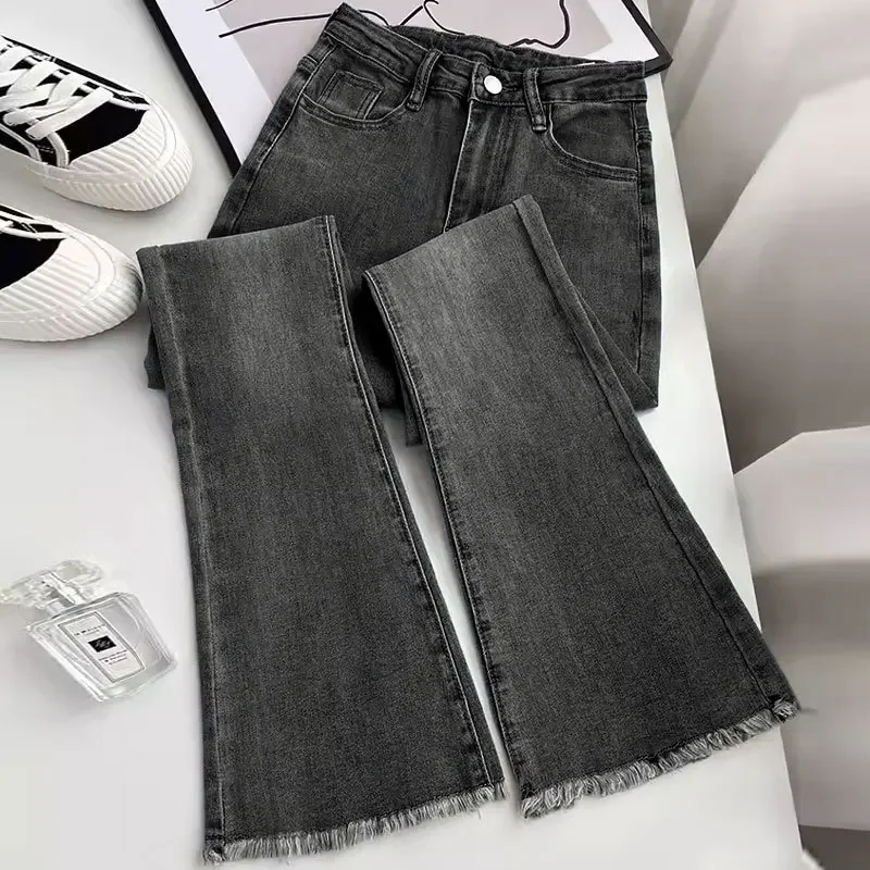 Flared Jeans Woman Tassel Vintage High Waist Women Slim Stretch Denim Tight Pant Korean Street Style Casual Trousers Plus Length