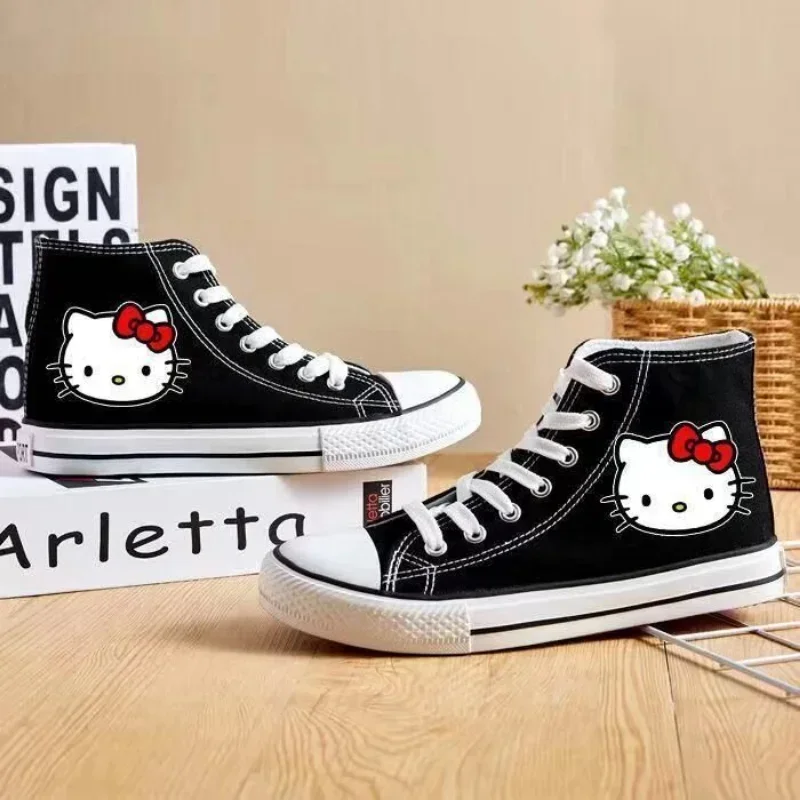 Hello Kitty Low Top Girls Canvas Shoes Teenagers Black Student Travel Shoes Lace Up High-top Sneakers Spring Autumn Lolita Shoes