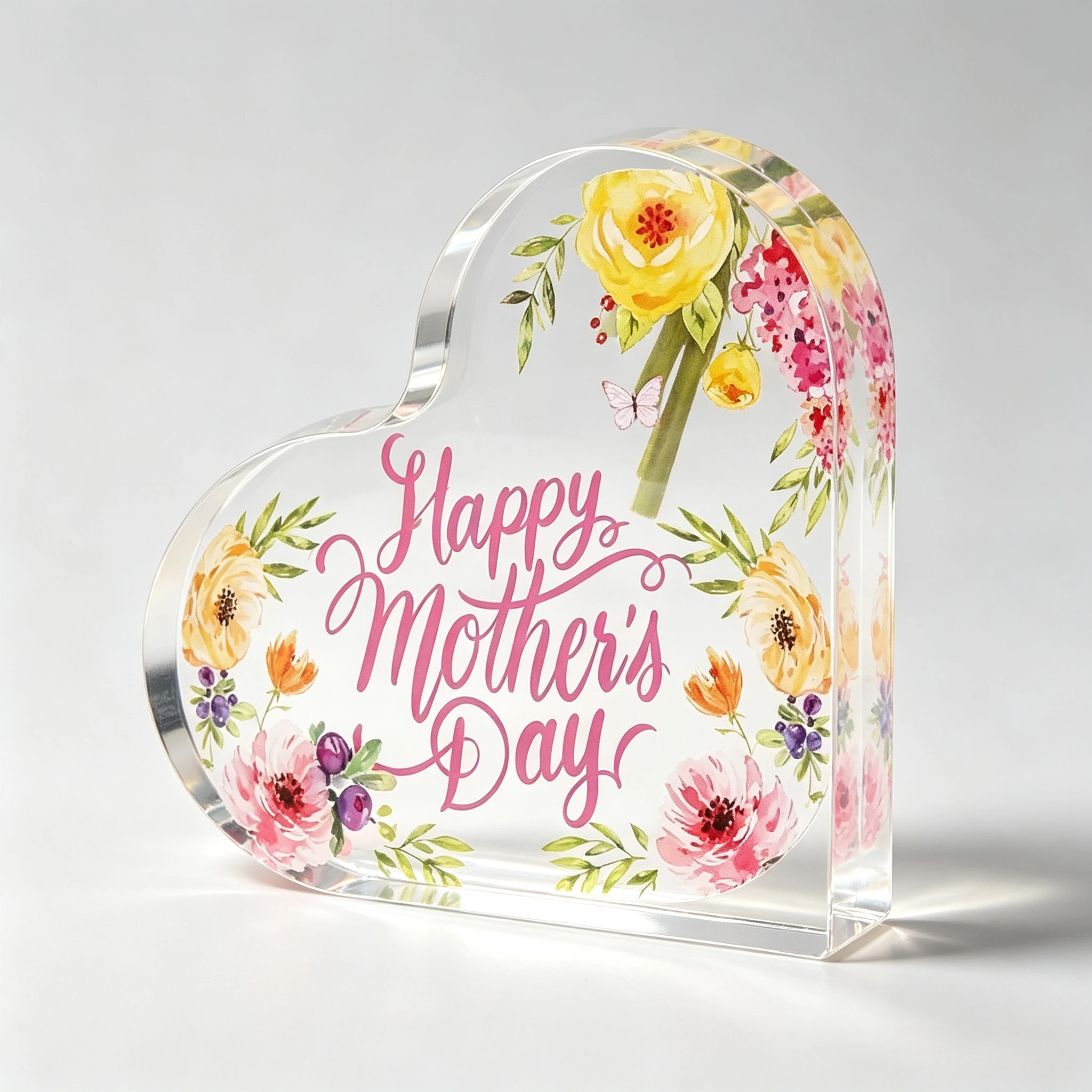 Heart‑Shaped Acrylic Plaque Happy Mother's Day Watercolor Floral Butterfly Desktop Ornament Mother's Day Home Decor Gift for Mom