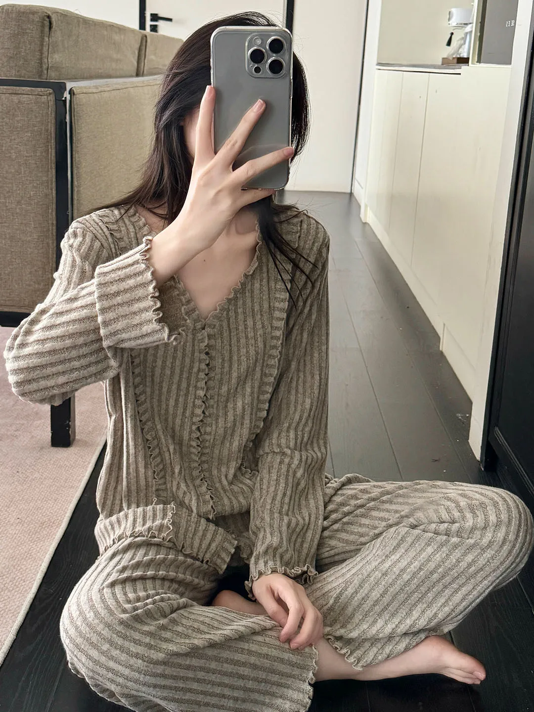 Korean Style Ins Long Sleeve Sleepwear Women's Spring Autumn Home Clothes Floral  High-End Feeling Cotton Blend Fabric