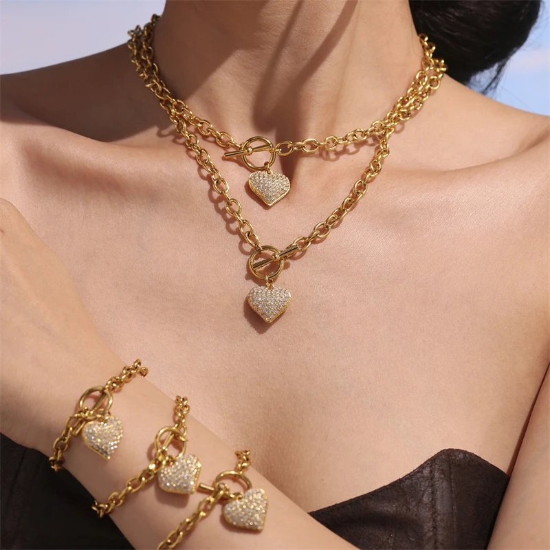 

Ourfuno Stainless Steel Delicate 5A Cubic Zirconia Heart Necklace Bracelet For Women Romantic Party Wedding Jewelry Set Gift