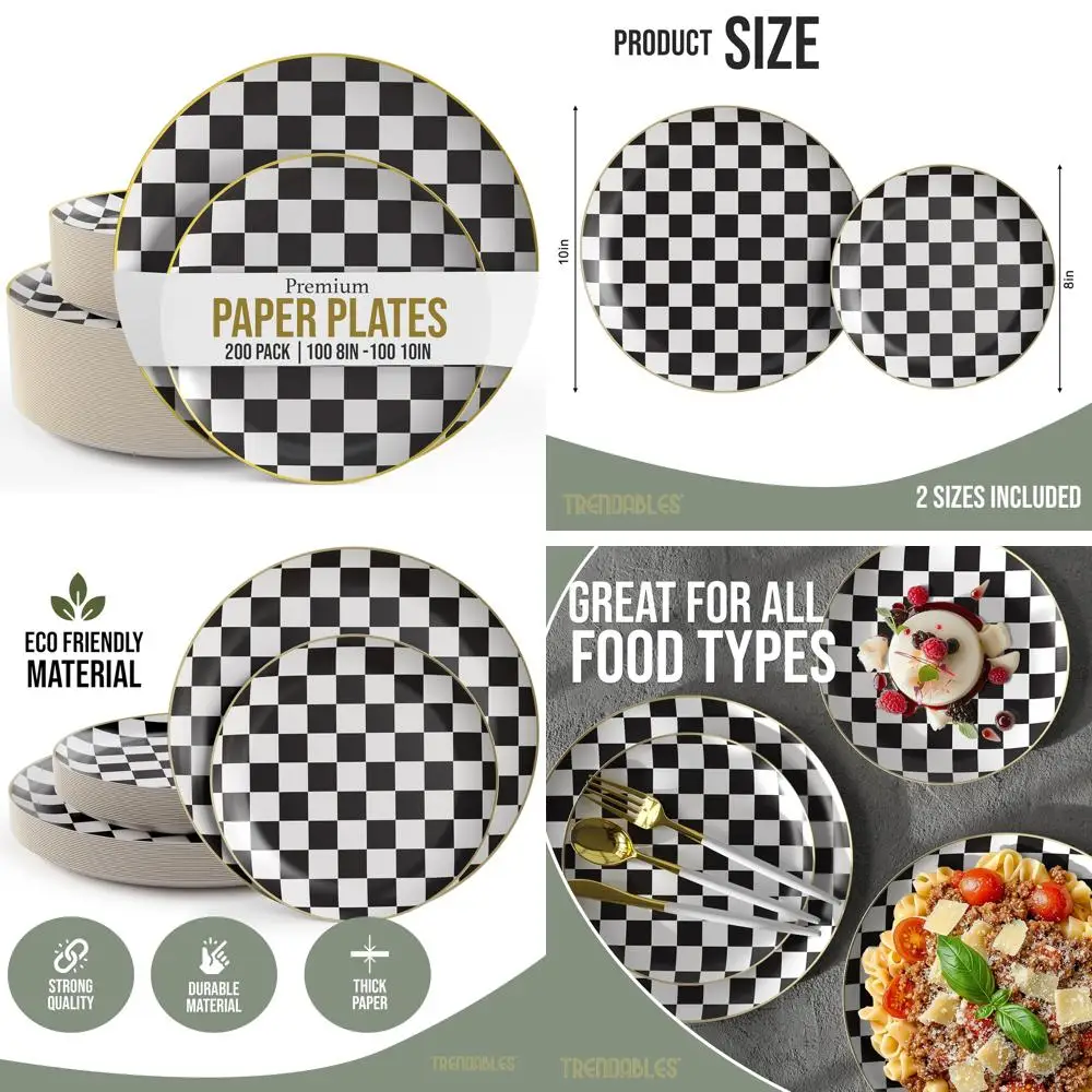 

Black and White Checkered Paper Plates with Gold Rim - 200 Pack, 100 8-Inch and 100 10-Inch, Party Supplies