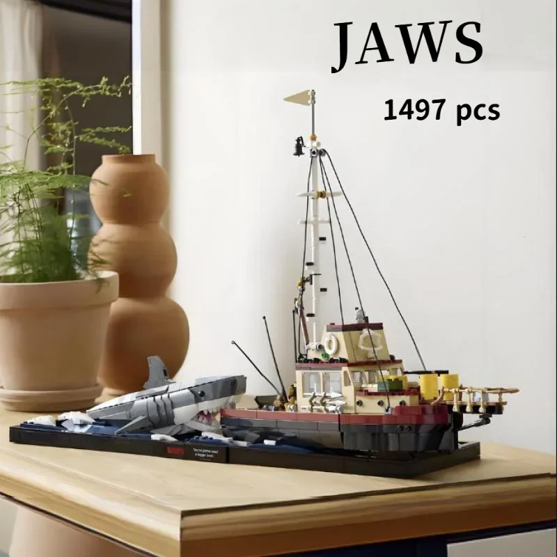 Image of Hot Toys Neu 1497 Teile Jaws Diorama Boot Hai Piratenschiff Bausteine Fischerboot Modell Bausteine Spielzeug Geburtstagsgeschenk Dekoration