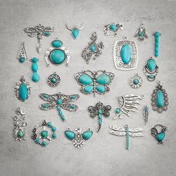 20pcs Bohemian Vintage Alloy Dragonfly Square Turquoise Stone Charms For Earrings Pendant Diy Jewelry Accessory