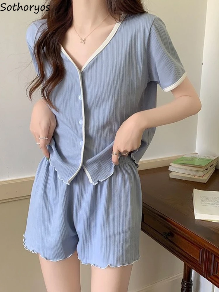 Solid Pajama Sets Women Summer Patchwork Panelled V-neck Single Breasted Elastic Waist Home Comfortable Thin Slim Loose Cool Fit