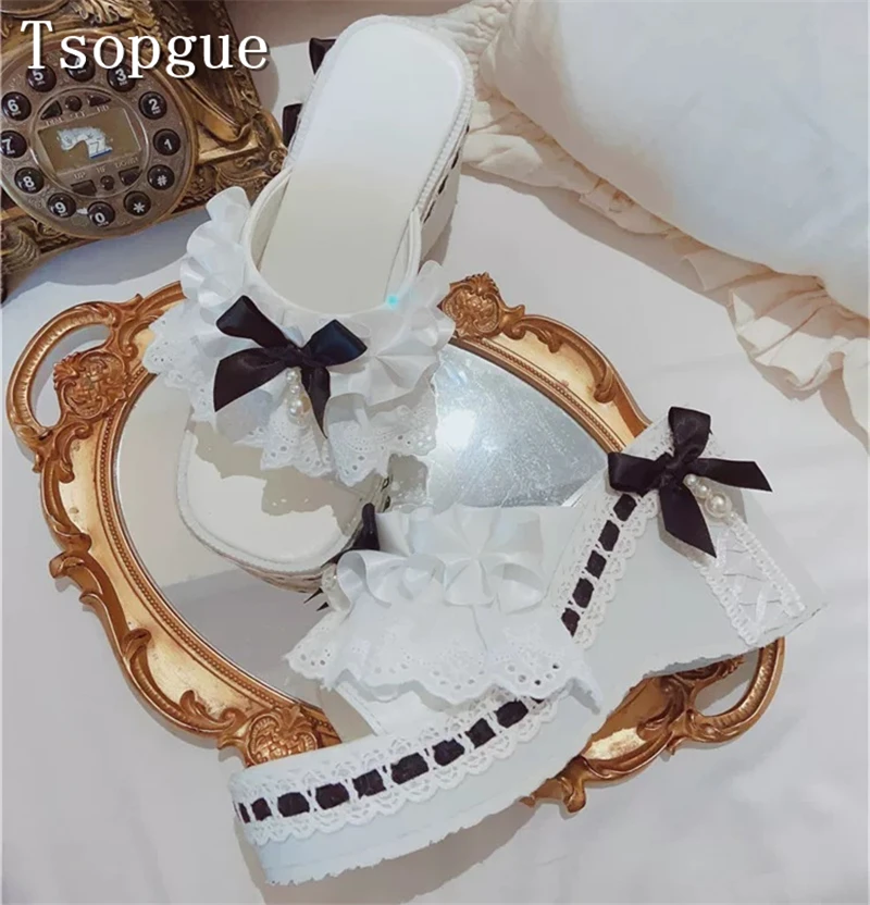 White Ruffled Lace Black Bow Lolita Mules Open Toe Platform Wedge Slide Sandals Princess Style Bridal Prom Summer Dress Shoes - view 3