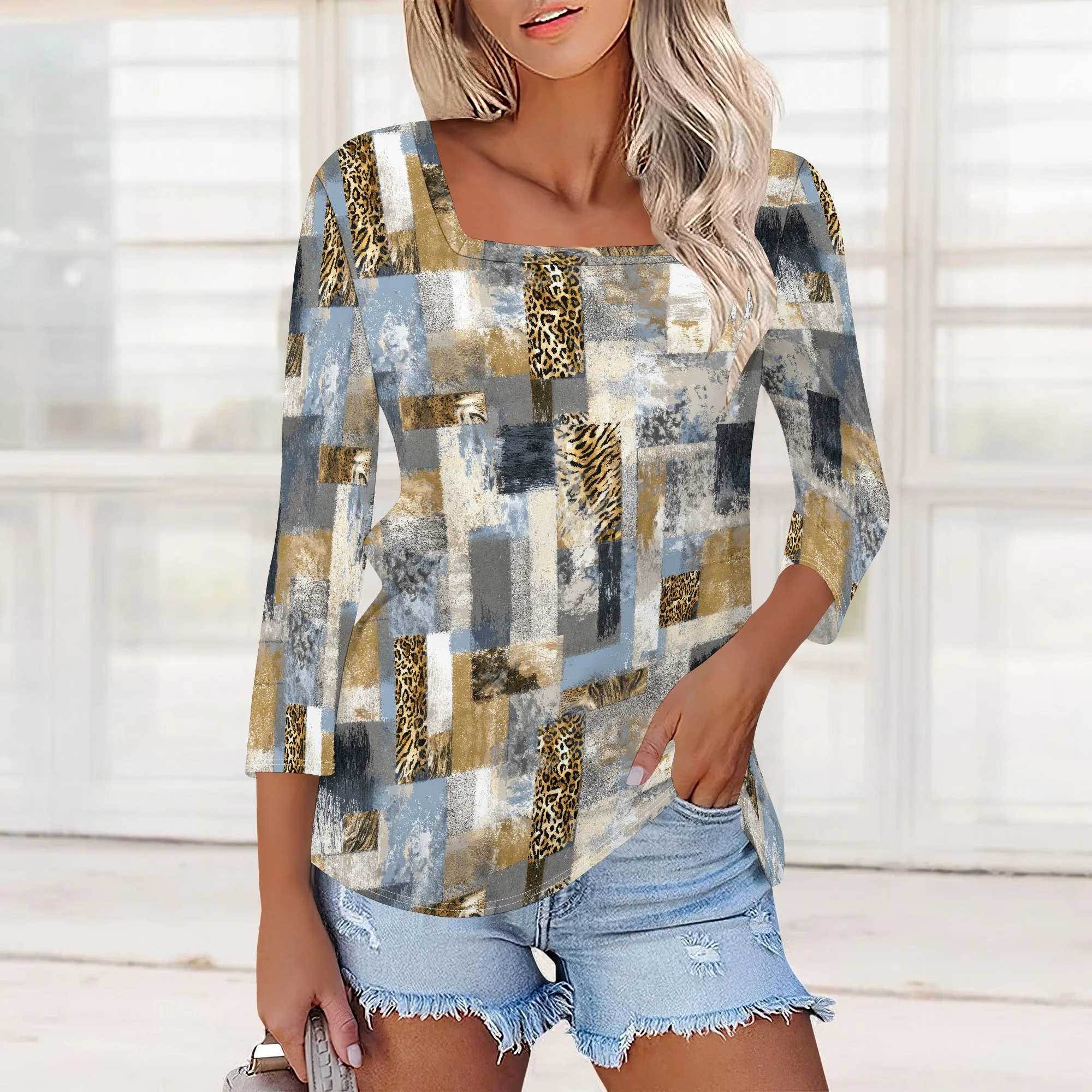 3/4 แขนยาวผู้หญิงเสื้อ 2025 แฟชั่นฤดูร้อนสําหรับผู้หญิง Crewneck Casual หลวม Fit จีบ TOP