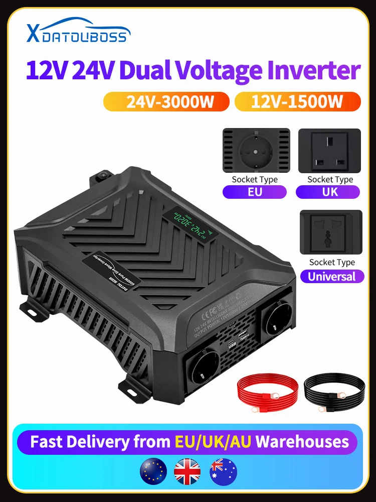 DATOUBOSS 12V/24V naar 230V 1500W/3000W, zuivere sinusomvormer 3000W/6000W piekvermogen, met LCD-scherm met intelligent detectiesysteem - afbeelding 2