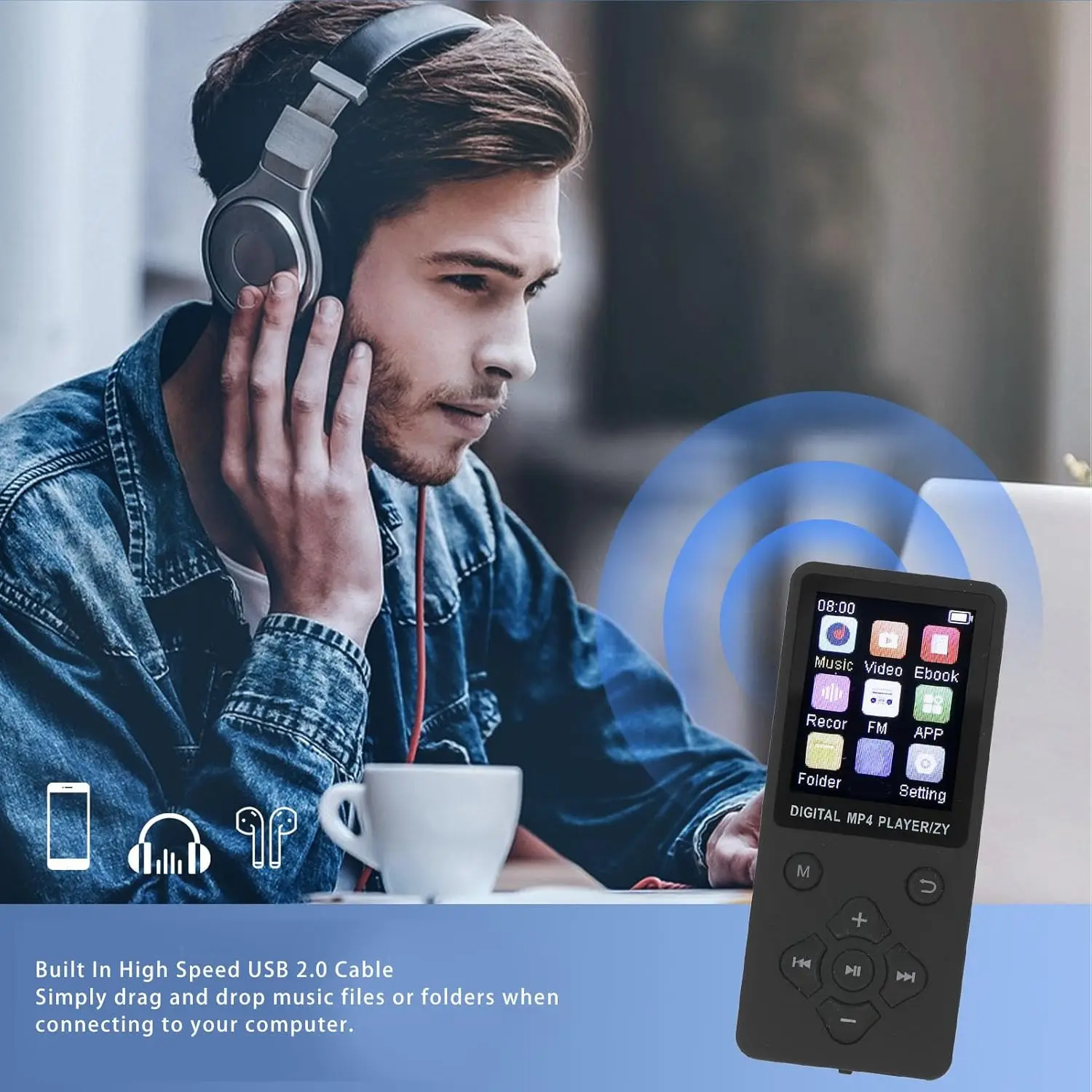 MP3 MP4 Player Bluetooth 5.0 Super Thin 1.8 Inch Color Screen 64G Expandable Memory Portable Video Music Player MP3 MP4 Player