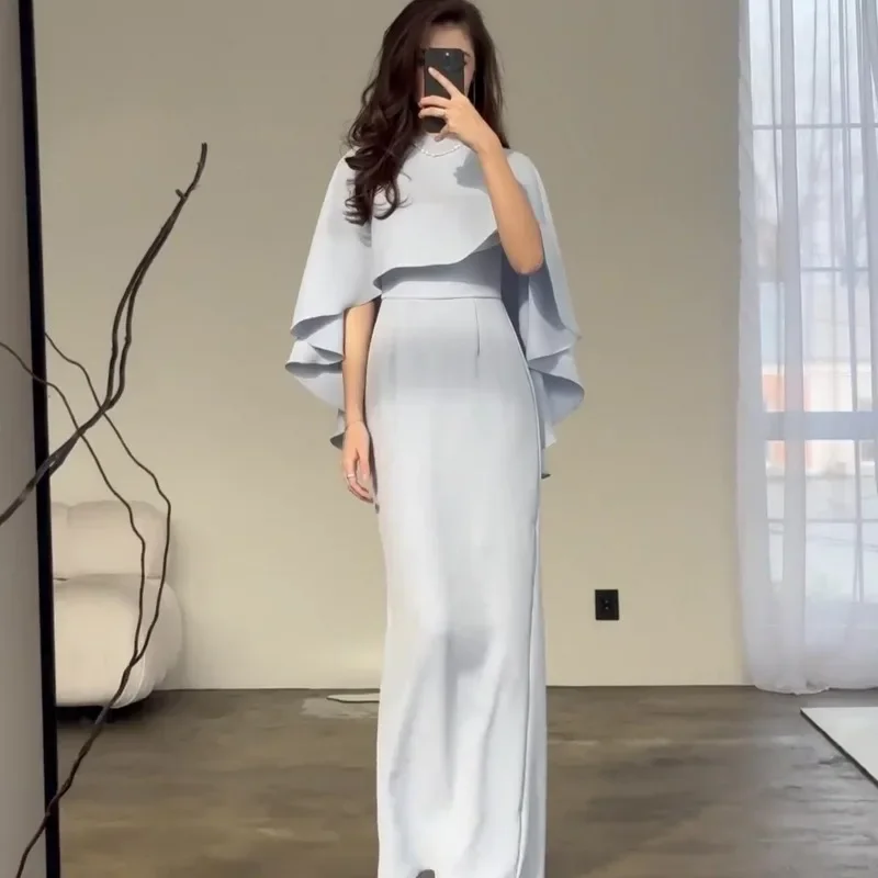 Spring and Summer New Solid Color Satin Bat Shawl Style Waist Collection Long Sleeve Dress Round Neck Hip Wrapping Skirt 2025