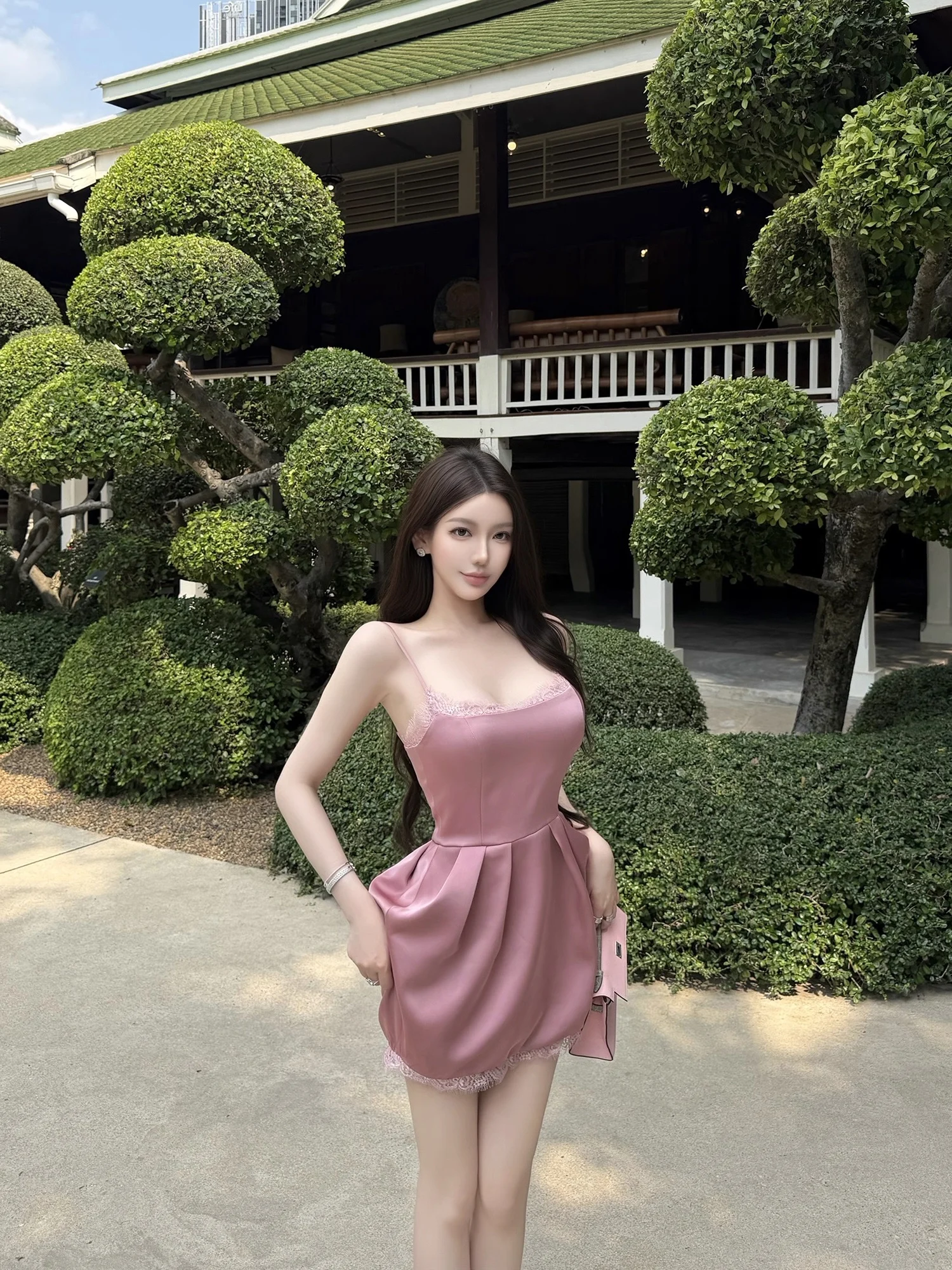 

GGQSDZ Sweet Dream Powdered Fog Satin Lace Trimed Slimming Dress High Waist Short Skirt Wedding Date Company Dinner Party Per...