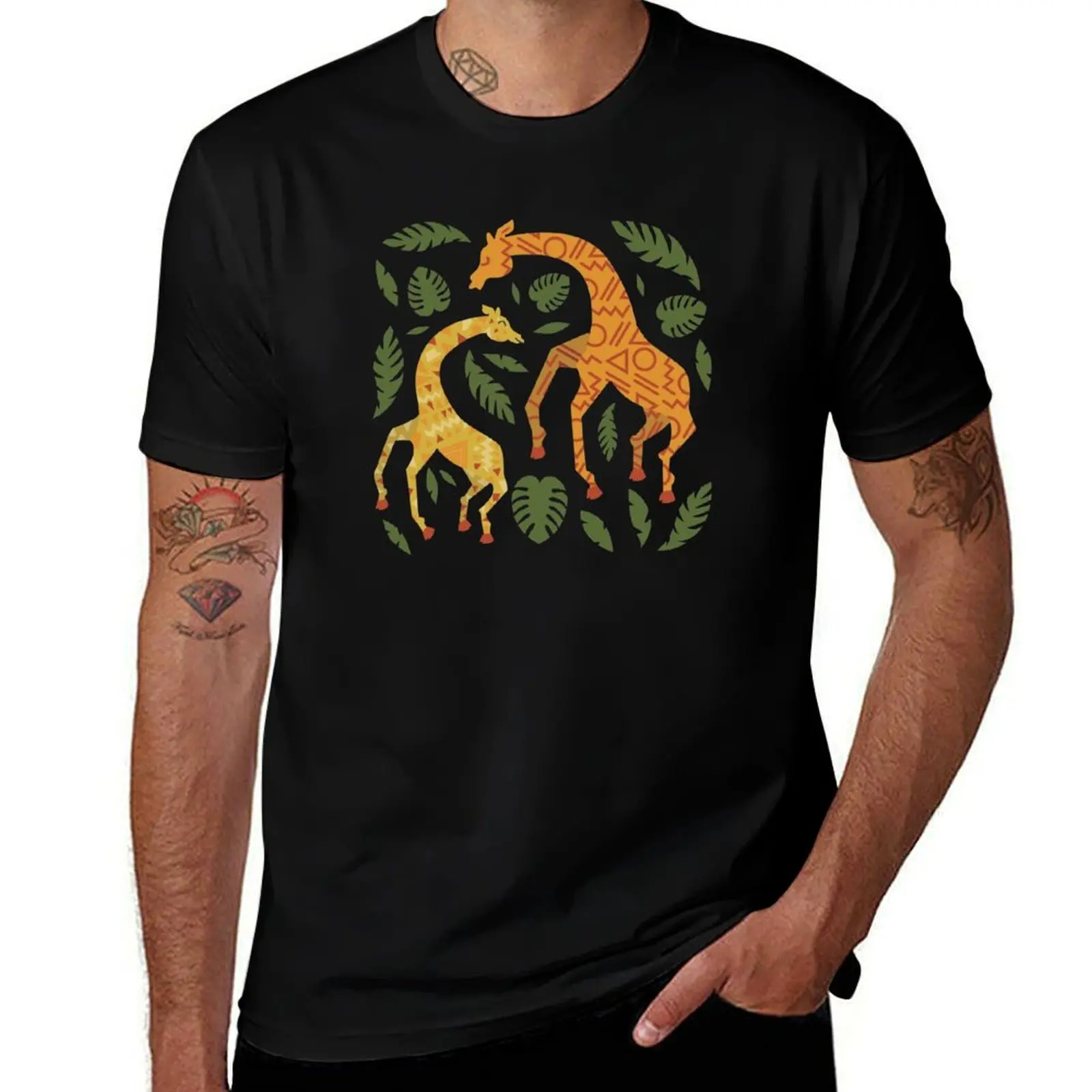 Dancing Giraffes with Patterns T-Shirt Basic Short Sleeve Cotton Blend T-Shirt