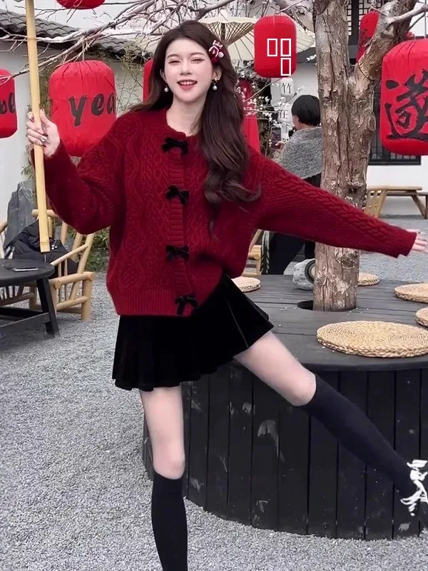 

Red Knitted Twist Sweater Coat Women's Loose Sle Autumn Winter Lazy Faion Beautiful Early Autumn Top Knot
