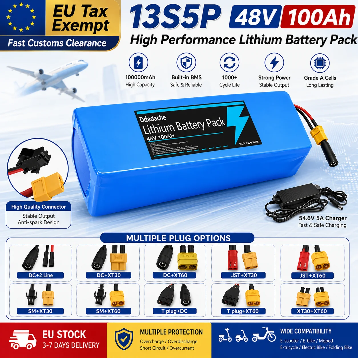 Batterie Li-ion haute capacité 48V 100000mAh 13S5P, alimentation BMS intelligente intégrée pour machines électriques, moteur 250-1000W avec chargeur gratuit