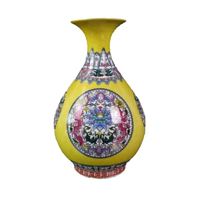 

Chinese Old Porcelain Yellow ground pink flower pattern jade pot spring vase Collectible Antique Asian Decorative