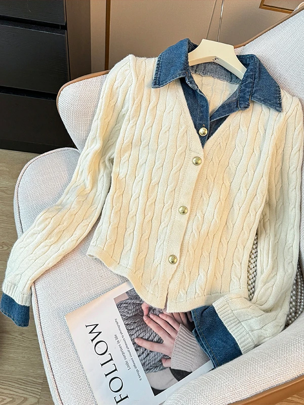 Colletto blu Denim Patchwork Lungo Sve lavorato a maglia irt Donna Autunno College Sle Versatile ort Top Falso in due pezzi